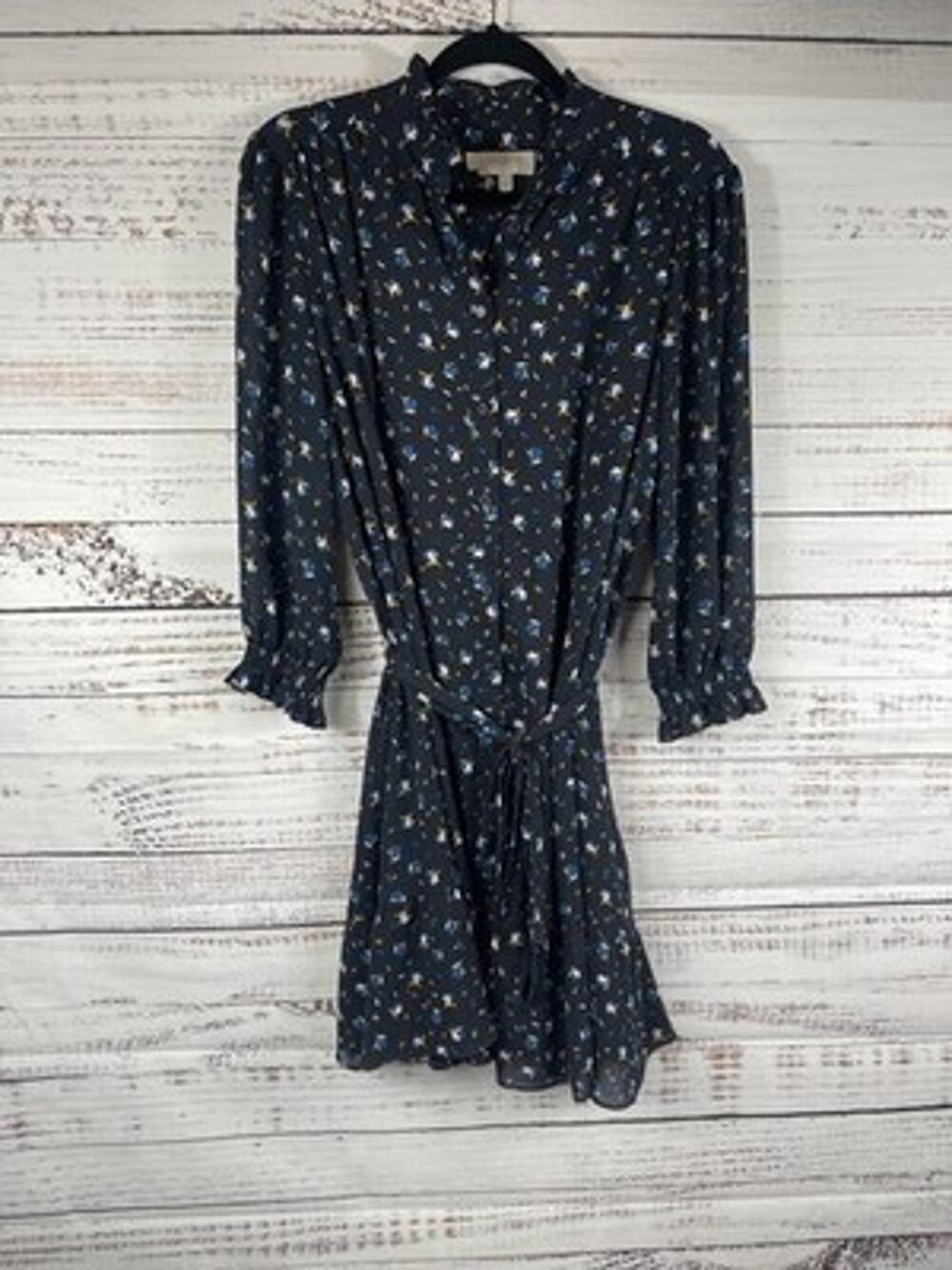 Hobbs Shirt Dress Womens 10 Black Floral High Neck Belted Ruffle 3/4 Sleeve